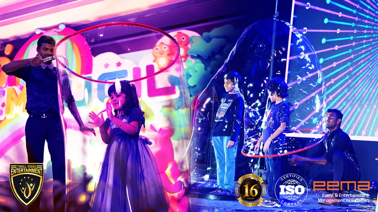 Live Bubble Show performance by ThrillVeera Entertainment – Kids enjoying giant bubbles, interactive fun, and colorful stage effects at birthday parties and school events in India