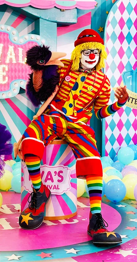 Colorful clown show act entertaining kids at a birthday party – fun-filled performance by ThrillVeera Entertainment