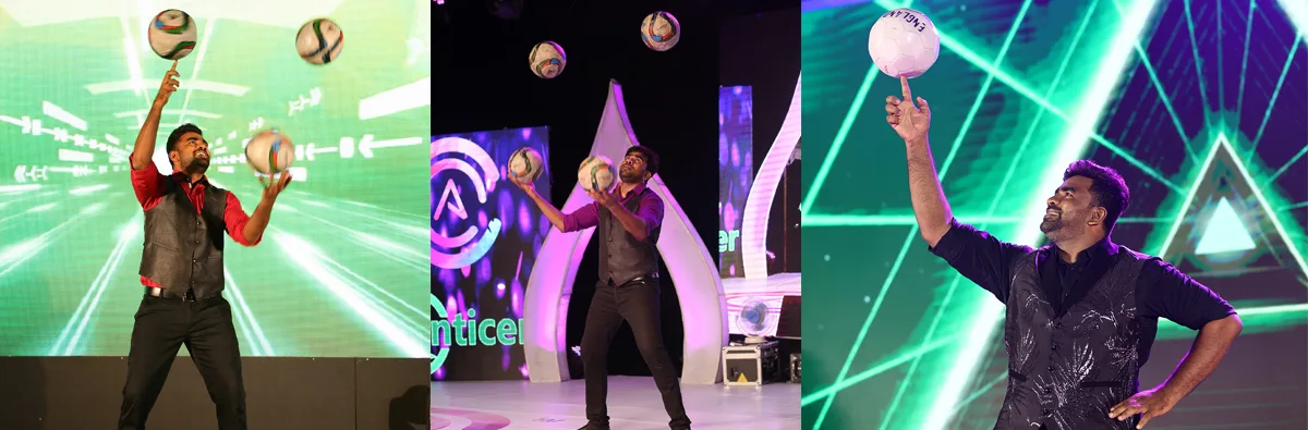Football juggler showcasing high-skill freestyle tricks at a modern sports-themed event by Thrillveera Entertainment