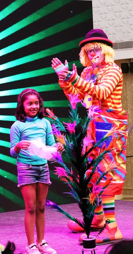Funny clown engaging kids at a birthday party in Chennai with magic tricks, balloon twisting, and joyful performances.
