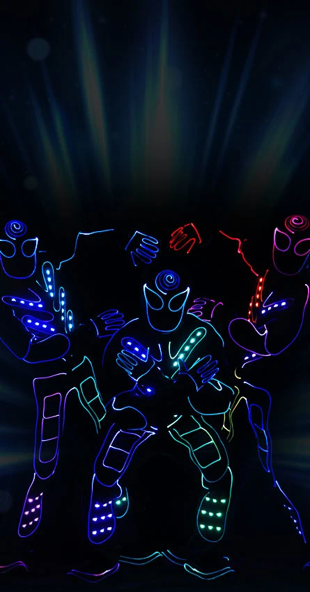 LED Tron dance show at a kids birthday party in Chennai featuring performers in glowing suits, synchronized choreography, and high-energy entertainment for children.
