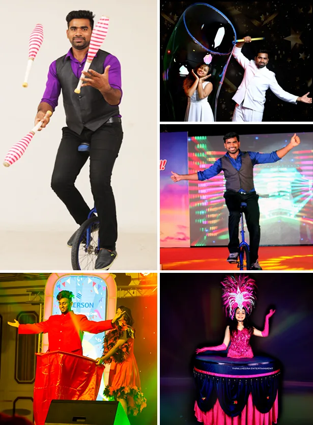 ThrillVeera Entertainment’s Event Performance Portfolio – Bubble Show, Roaming Table Hostess, Quick Change Act, Juggling Performance, and Unicycling Act for Kids Birthday Parties, Corporate Events, Weddings, and Stage Entertainment in Chennai & Across India
