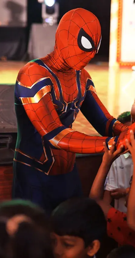 Spider-Man superhero costume show at a kids birthday party in Chennai, thrilling children with action moves, photo ops, and interactive games.