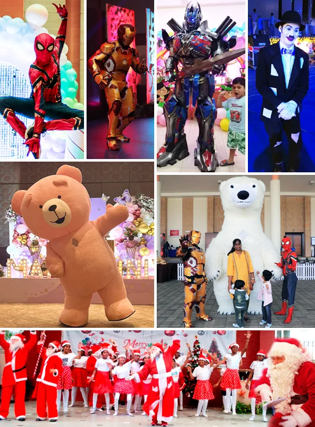 ThrillVeera Entertainment’s Superhero, Sci-Fi & Mascot Costume Acts – Iron Man, Spider-Man, Optimus Prime, Hulk, Bumblebee, Teddy Bear, Charlie Chaplin, Santa Claus, Panda Mascot, and Halloween Characters for Birthday Parties, Kids Events, Stage Shows, Corporate Celebrations, and Festival Entertainment in Chennai & Across India