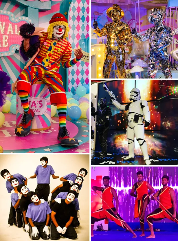 Top Event Performances by ThrillVeera Entertainment – Mirror Man Show, Comedy Clown Act, Invisible Hollow Man Illusion, Skilled Mime Artists, Traditional Silambam & Kalari Martial Arts, and Futuristic LED Robo Dance – Available in Chennai and Across India